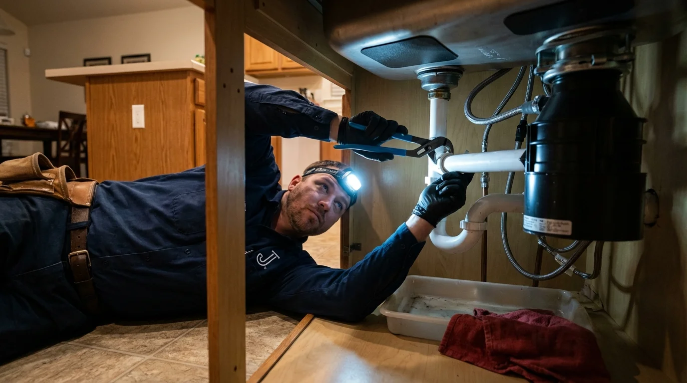 P-trap and supply line connections under a kitchen sink showing a common leak point in Plainview, NE